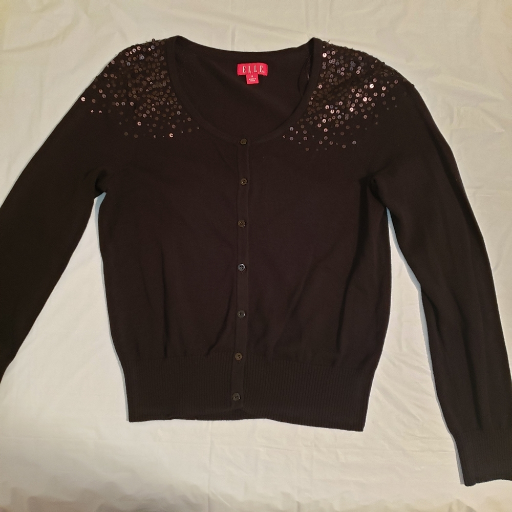 ELLE Sequin Black Button Up Cardigan Size Small